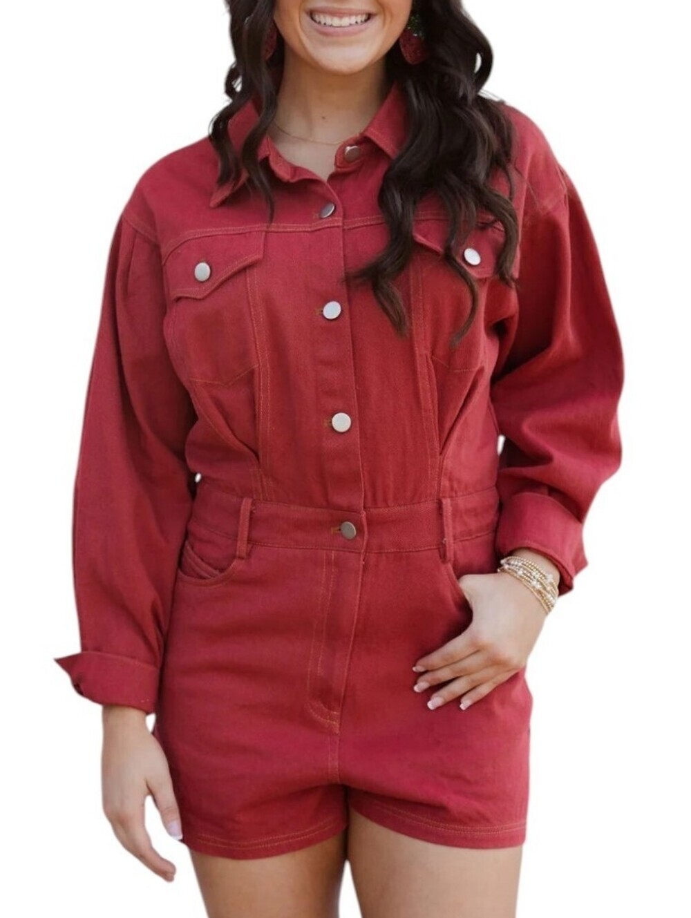 Le Lis Collection Red Denim Romper Jumpsuit Button Up Long Sleeve Shorts Size M